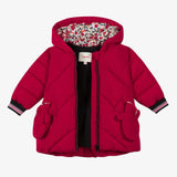 Baby girl red coated puffer jacket and mittens
