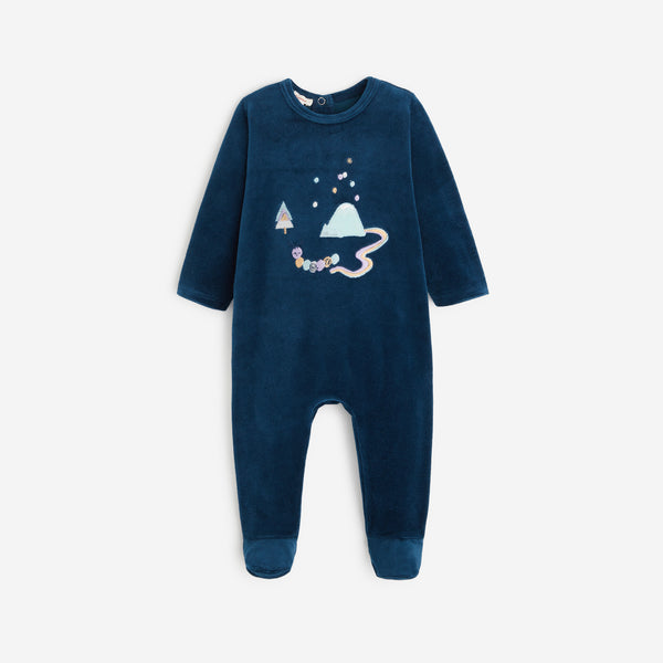 Newborn boys' blue velvet footie pajama