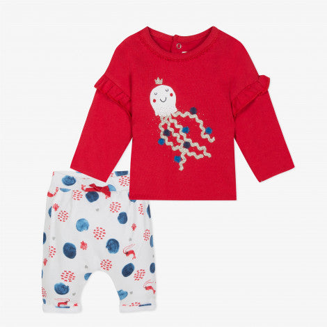 Newborn girl T-shirt and double jersey trousers with marine motif ...