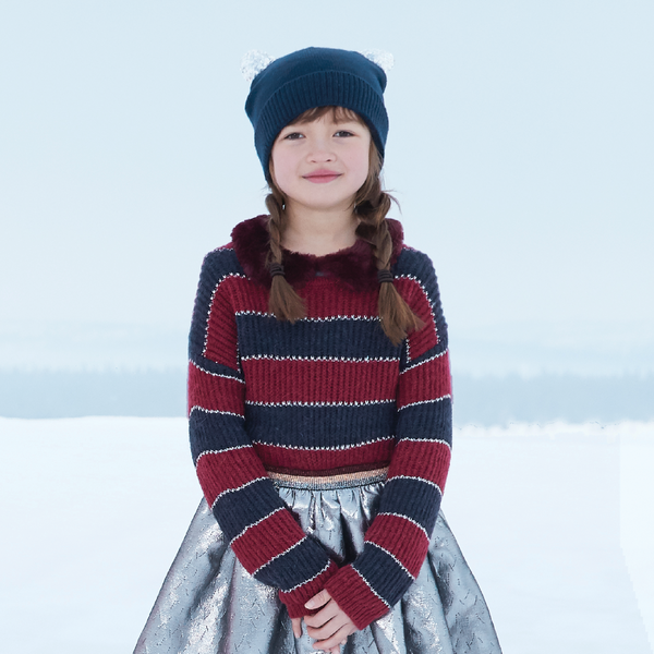 Girls' striped sweater with a detachable faux fur collar
