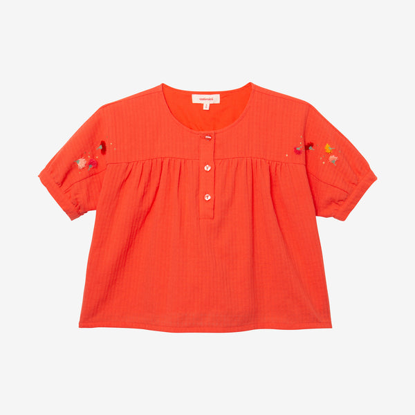 Girl's orange woven embroidered blouse